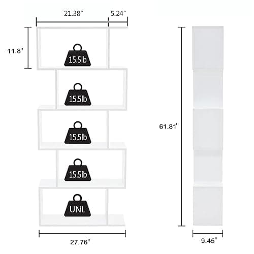 Yusong Bookshelf 5-Tier, Geometric Bookcase S Shaped Book Shelves for Bedroom, Modern Wood Decorative Display Shelf Book Case for Home Office, White thumbnail 3