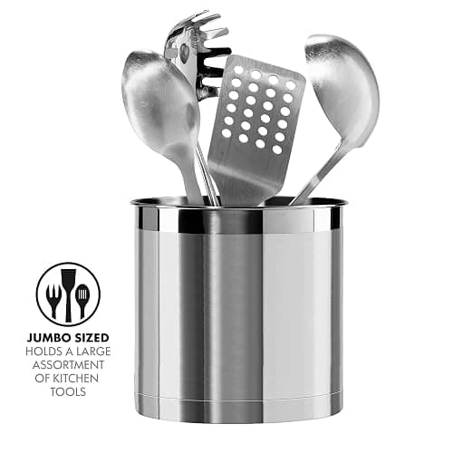 Oggi Stainless Steel Jumbo Utensil Holder - 7" Utensil Caddy, Weighted Base for Stability - Extra Large Utensil Crock and Countertop Utensil Organizer, Stainless Steel thumbnail 3