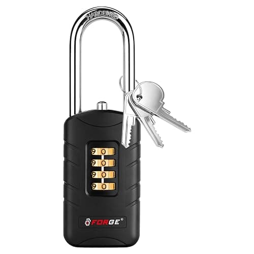 Forge 4-Digit Combination Padlock with Backup Keys, Recover Forgotten Code, Waterproof Outdoor Lock, Anti-Pick, for Locker, Gate, Fence, Hasp, Storage. (Black, Long Shackle 1 Lock) - Image 1
