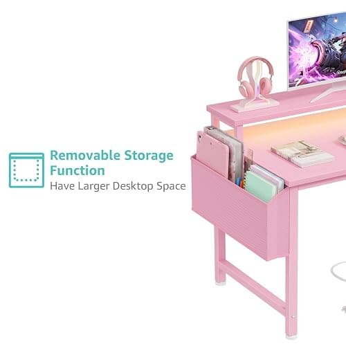 Lufeiya Girls Desk with Power Outlets and LED Lights, 40 Inch Gaming Desk Table with Charging Station, Home Office Computer Desks with Monitor, Pink thumbnail 7