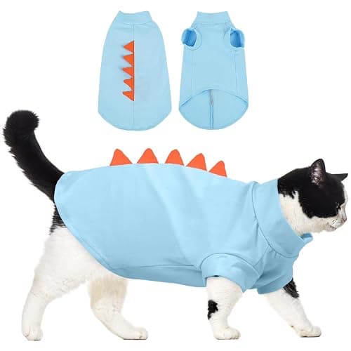 DENTRUN Sphynx Cat Clothes, Cute Dinosaur Design Hairless Cat Costume, Breathable Cotton Shirts Cat Clothes for Cats Only, Round Collar Kitten Daily T-Shirts with Sleeves, Cats Funny Cosplay Apparel - Image 1