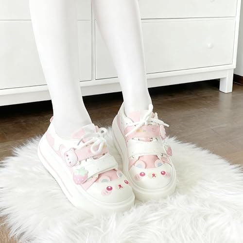 OJQIH Strawberry Bear Sneakers for Women Kawaii Canvas Shoes Cute Lolita Style Hook-and-Loop Strap Aesthetic Platform Loafers Girls Fancy Casual Walking thumbnail 5