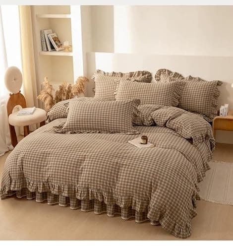 4pcs Plaid Duvet Cover Set Queen Size - 100% Washed Cotton Brown Checkered Gingham Bedding, Ultra Soft with Ruffle Edges, Includes 1 Duvet Cover, 1 Fitted Sheet with Bed Skirt, 2 Pillow Shams thumbnail 6