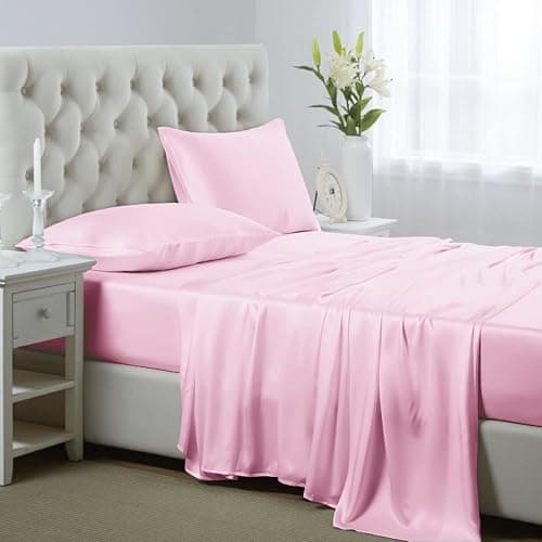 Silk like Satin Sheets, Full Size Bed Sheet Set, Pink, 4 Piece | Deep Pocket, Soft Cooling Feel, 360-Degree Elastic & 4 Corner Straps, Skin & Hair Friendly, Hypoallergenic - Image 1