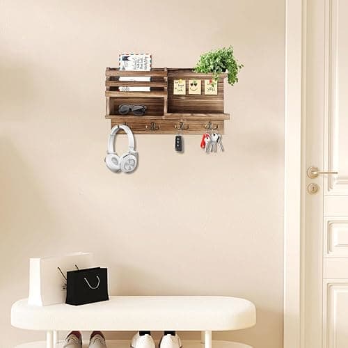 Key Holder Wall Mount, Solid Wood Key and Mail Organizer for Wall(Self Adhesive or Drill), 8 Hooks Key Rack for Entryway Hallway Bedroom Farmhouse Home Decor (Burnt Brown) thumbnail 2