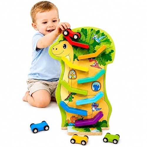 Dinosaur Car Ramp Toy for Toddlers 18 Months+, 8-Level Race Track, 4 Cars | Wooden Montessori Car Toys for 1 Year Old Boys Girls, 1st 2nd Birthday Gifts - Image 1