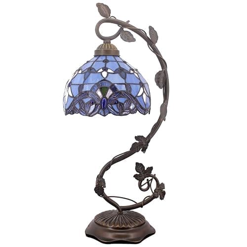 WERFACTORY Tiffany Table Lamp Blue Purple Stained Glass Baroque Style Reading Desk Light, Metal Leaf Base 8X10X21 Inches Decor Small Space Bedside Bedroom Home Office S003C Series - Image 1