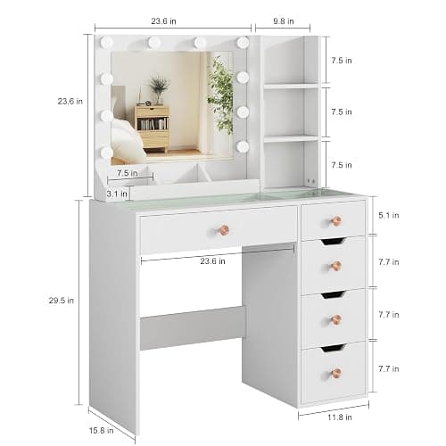 YaoYaoJia Makeup Vanity Desk with Mirror and Lights,35.4" White Vanity with Glass Top,Vanity Table with 5 Drawers,3 Lighting Modes & Brightness Adjustable Dressing Table for Bedroom thumbnail 2