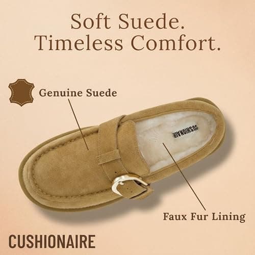 CUSHIONAIRE Origin Genuine Suede Mule Clogs for Women, Cozy Slip-On Moc Toe Loafer with Buckle and Faux Fur Cushioned Footbed thumbnail 4