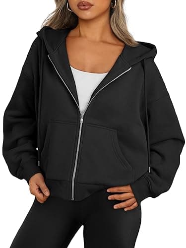 Trendy Queen Zip Up Hoodies For Women Cropped Sweatshirts Fall Fashion Outfits 2025 Y2k Fleece Teen Girls Clothes - Black - Medium