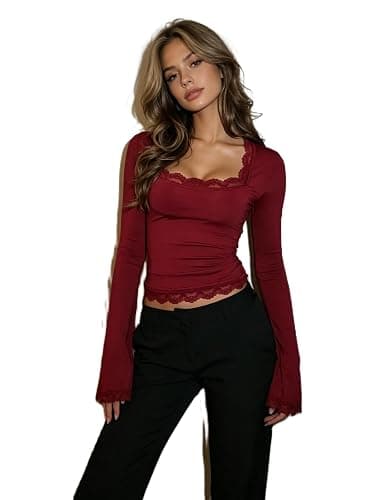 Y2K Cute Long Bell Sleeve Square Neck Lace Trim Tops for Women Teen Girls | Fitted Going Out Crop Tops Trendy Shirts,2026 Fall Fashion Outfits,Retro Vintage Elegant Tshirt - Image 1