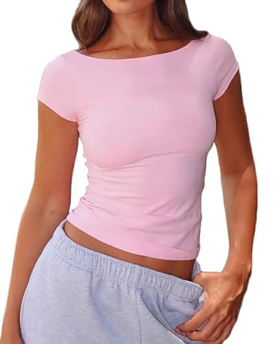 Beumissy Women's Boat Neck Short Sleeve T-Shirts Y2K Cute Going Out Tops Summer Baby Tees - Image 1