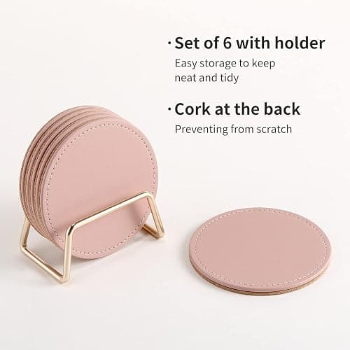 CASEGRACE Drink Coasters with Metal Holder Stand Set of 6, PU Leather Absorbent Coasters with Cork Base Table Coaster Set Decorative Coffee Cup Coasters Housewarming Gift for Home Decor thumbnail 5