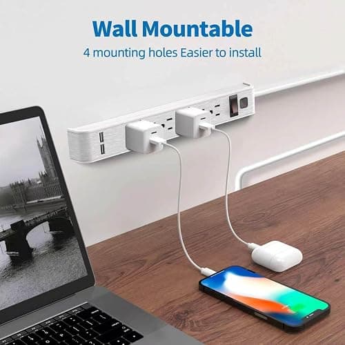 TiFFCOFiO Power Strip Surge Protector with 6 Outlets & 2 USB Ports, 14 AWG | 600 Joules, 4 ft Extension Cord, Wall Mountable, ETL Listed, 15A/1875W thumbnail 3