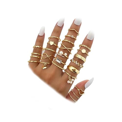 IFKM 51 Pcs Gold Knuckle Rings Set For Women Girls Vintage Stackable Joint Finger Midi Rings Dainty Cubic Zirconia Crystal Simple Twist Hollow Cute Rings Pack Jewelry Gift - 24pcs Wheat twist pearl - Image 1