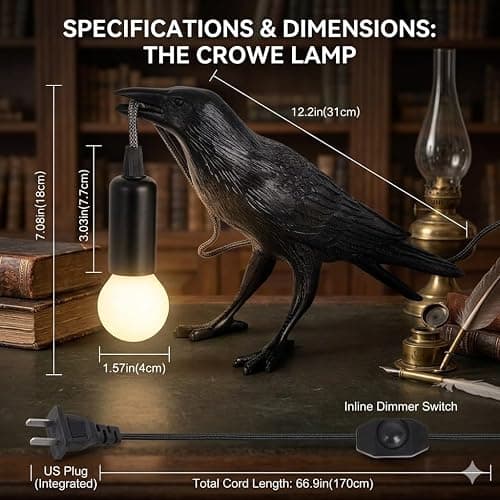 OVANUS Crow Lamp Gothic Decor, Raven Table Lamp with Adjustable Brightness, Dark Academia Aesthetic Night Light for Bedroom, Halloween Black Bird Lamp, Unique Gift thumbnail 6