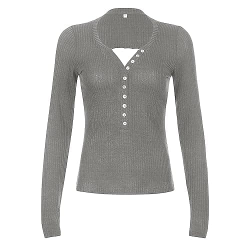 Womens Long Sleeve Henley Tops Casual Button Up Tunic Blouse Ribbed Slim Fit Shirts Y2K Lace Patchwork Pullover Shirt thumbnail 3