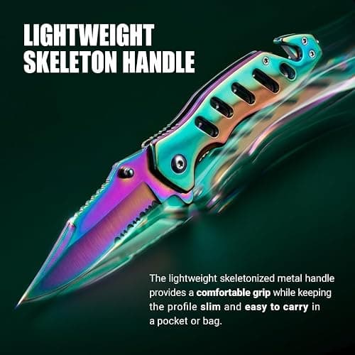 Legal Rainbow Pocket Knife with Glass Breaker Seatbelt Cutter - 2.68 Inch Sharp Serrated Blade - Cute Small Folding Womens Knives for Self Defense EDC Camping - Food Processing Mincing Knives 6655 R thumbnail 5