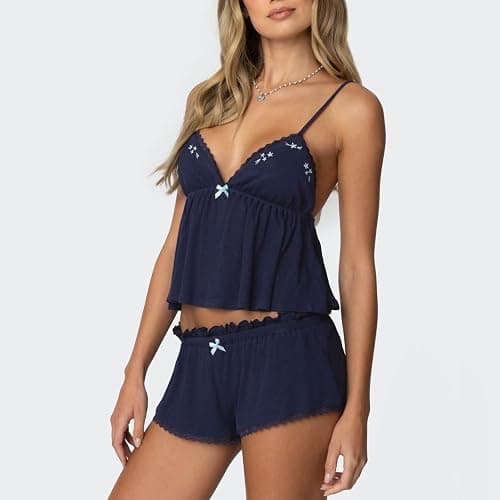 RUEWEY Women's Y2K Lace Pajamas Set 2 Piece Lounge Set Sleeveless V Neck Cami Tops Lace Trim Shorts Sleepwear thumbnail 3