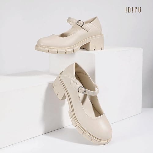 IDIFU IN2 Platform Mary Janes Shoes Closed Round Toe Low Short Block Chunky Thick Heels Wedding Prom Formal Work Graduation Dress Shoes for Women Comfortable Cute Vintage Oxfords Uniform Dressy Pumps thumbnail 5