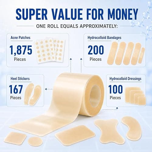 Hydrocolloid Roll for Wound Care Skin-Friendly Self Adhesive 2in x 12ft | Cut-to-Size Waterproof Hydrocolloid Bandages with Flexible Fit for Minor Wounds, Blisters, Pimples, and Friction thumbnail 7