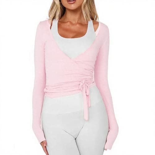 Women Ballet Wrap Top Long Sleeve Self Tie Dance Shirt Pilates Yoga Tops Y2k Workout Active Blouses - Image 1