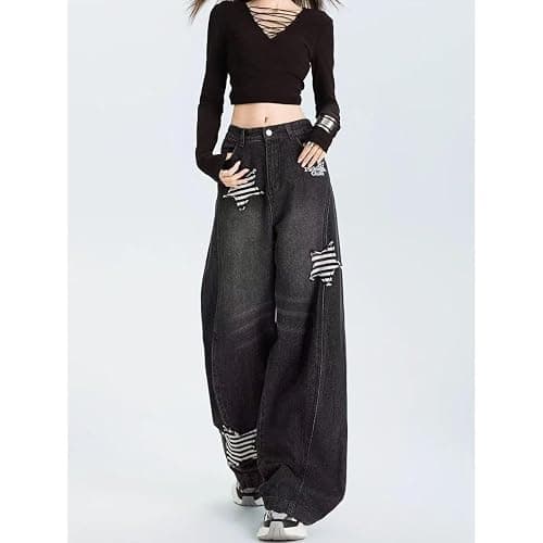 INFENU American Men's Women's Retro Star Patch Wide Leg Jeans, Personalized Design Loose Y2K Hip-hop Couple Casual Pants thumbnail 5