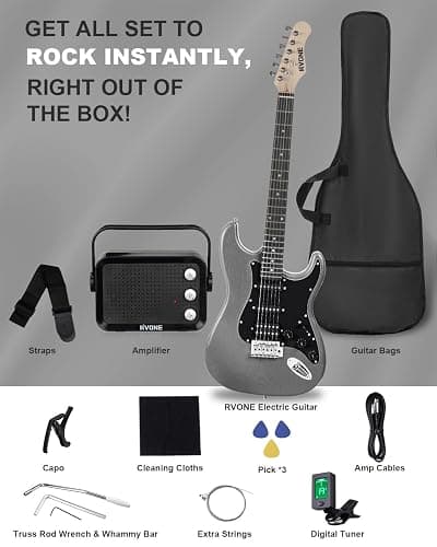 RVONE RST-150 39" Beginner Electric Guitar Kit with Amp & HSS Pickups | Complete Starter Set for Newcomers w/Essentials | Gig Bag, Extra Strings, Digital Tuner, Capo, Strap | Home Practice (Black) thumbnail 8