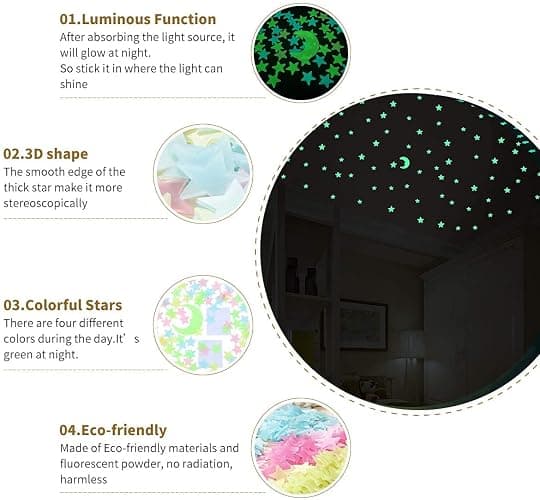 200 Pcs Colorful Glow in The Dark Luminous Stars and Moon Fluorescent Noctilucent Plastic Wall Stickers Murals Decals for Home Art Decor Ceiling Wall Decorate Kids Bedroom Room Decorations thumbnail 5