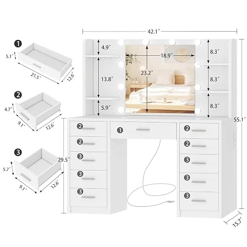 FIONESO Large Vanity Desk with Mirror and Lights, Makeup Vanity with 11 Drawers & 6 Open Shelves, 3 Lighting Modes, Brightness Adjustable, Vanity for Girls, White thumbnail 2