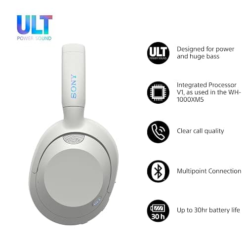 Sony ULT WEAR - Wireless Noise Cancelling Headphones, ULT POWER SOUND, Ultimate Deep Bass, Same Processor as WH-1000XM5, Clear Calls, 30hr Battery, IOS & Android - White thumbnail 2