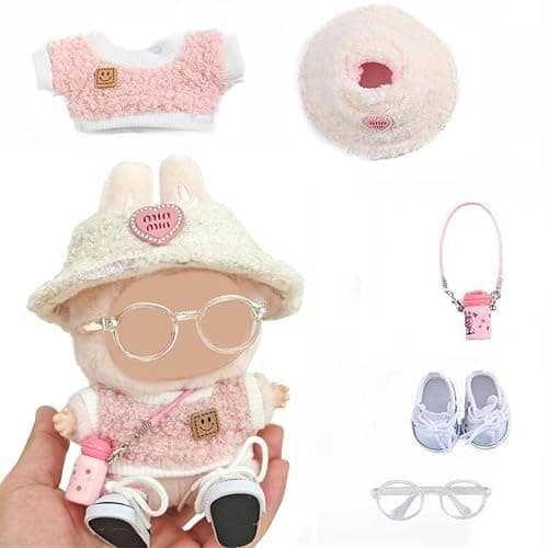 Doll Clothes Set 5-Piece for 15cm/17cm Dolls- Trendy Outfit Fits 7 inch Doll Collectible - Hat, Shirt, Canvas Shoes, Glasses, Water Bottle (Girls, 17cm/7inch) thumbnail 4