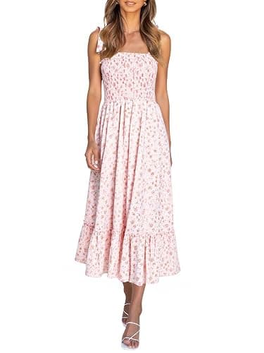 Imily Bela Womens Summer Floral Boho Dress Tie Strap Square Neck Smocked Ruffle A Line Beach Long Maxi Dresses - Image 1