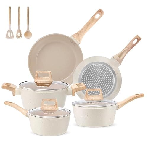 M MELENTA Pots and Pans Set Non Stick, 11 Piece Cream Ceramic Cookware Set | Compact Nonstick Kitchen Cooking Set, Induction Cookware, Non Toxic Cookware, PTFE, PFOA & PFAS Free, Beginner-Friendly - Image 1