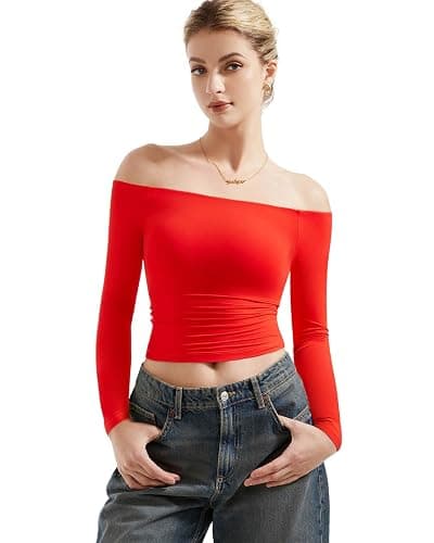 SUUKSESS Women Off Shoulder Double Lined Long Sleeve Shirts Basic Going Out Tops - Image 1