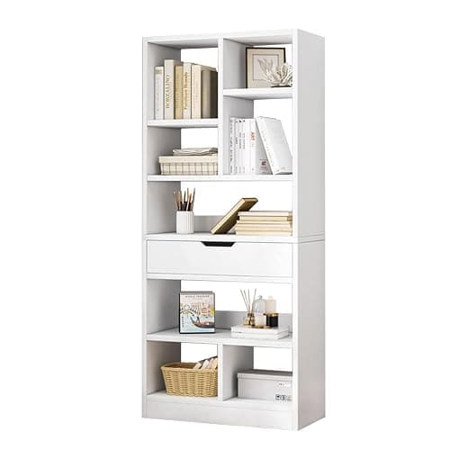 IOTXY Wooden Open Shelf Bookcase - 61" Height Free Standing Display Storage Cabinet Organizer with 8 Cubes and a Drawer, Floorstanding Bookshelf, Warm White - Image 1