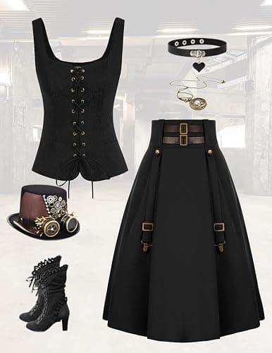 Scarlet Darkness Pirate Skirt for Women Goth Steampunk Skirt High Waist Midi A-Line Skirts with Pockets S-2XL thumbnail 6