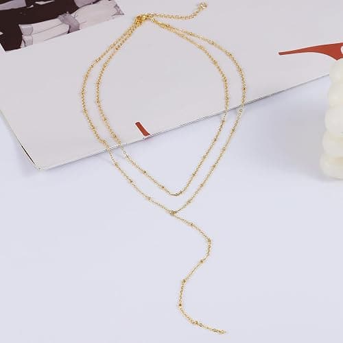 Foxgirl Lariat Gold Necklace for Women, Dainty Long Necklace 14k Gold Plated/Silver Y-Shaped Pendant Necklace Trendy Layered Cz Beaded Chain Drop Necklaces Simple Gold Jewelry For Women Gift thumbnail 5