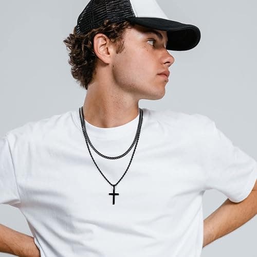 Yooblue Easter Basket Stuffers - Cross Necklace for Men, Gold Black Silver Mens Cross Necklaces Stainless Steel Cross Pendant Necklace Simple Jewelry Gifts Cross Chain Necklaces for Men thumbnail 3