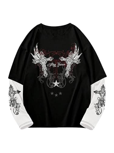 GORGLITTER Men's Y2k Goth Shirt Jersey Letter Graphic Color Block Oversized Long Sleeve Crewneck Vacation Tee Tops - Image 1