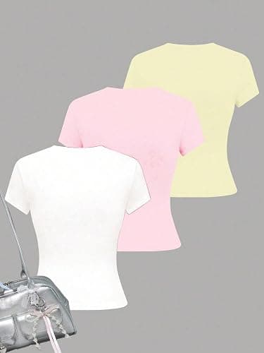 RoseSeek Girl's Shirts 3 Packs Graphic Tees Vacation Hibiscus Top Crewneck Short Sleeve Cute Tops Summer Slim Fit T Shirt thumbnail 4