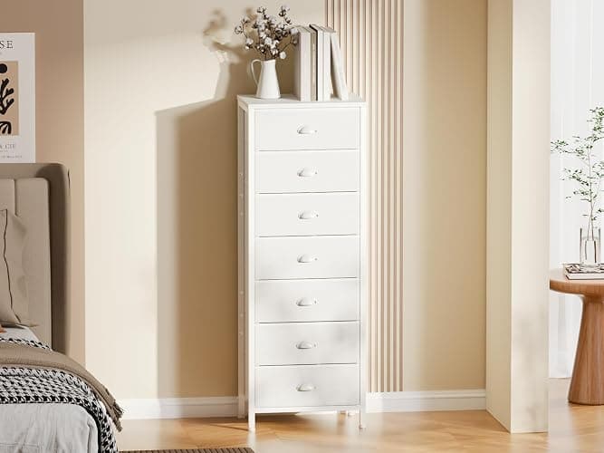 Furnulem White Tall Dresser for Bedroom with 7 Drawers, Vertical Chest of Drawer in Closet, Nightstand Storage Tower Unit Organizer with Fabric Bins for Dorm,Living Room,Entryway,Hallyway - White - 11.4"D x 15.8"W x 47.5"H (7 Drawers) thumbnail 8