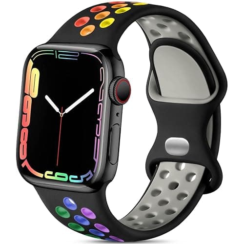 Lerobo Compatible for Apple Watch Band 45mm 44mm 11 10 46mm 42mm 49mm Ultra 3 2,Soft Silicone Sport Bands Wristband Replacement Strap for iWatch SE Series 9 8 7 6 5 4 3 2 1 Women Men,Black/Rainbow,M/L - Image 1