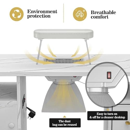 Belandi Manicure Table Nail Station with Charging Station, Marbling Texture Nail Tech Table Nail Table Station w/Dust Collector, Power Outlets, LED Lamp, Non-Woven Drawers & Wrist Cushion(White) thumbnail 3