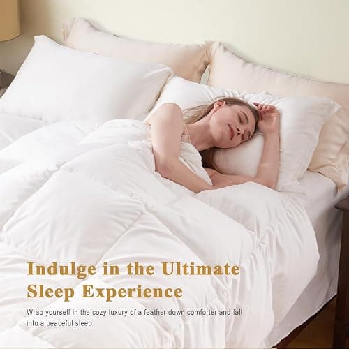 TOPGREEN 100% Organic Feather Down Comforter Full/Queen Size, Luxury Extra-Fluffy Duvet Insert, All Season Bed Comforter with Ultra-Soft Organic Cotton Case (90x90 Inch, Ivory White) thumbnail 5