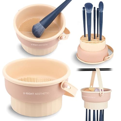 Ranphykx Makeup Brush Cleaner Mat 3 in 1 Silicone Makeup Brush Cleaner Bowl Cosmetic Brushes Cleaning Tool Makeup Cleaner for Brushes (KHAKI) - Image 1