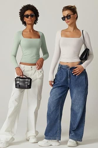 QINSEN Women's Sexy Square Neck Shirt Long Sleeve Double Lined Tees Fitted Going Out Tops thumbnail 6