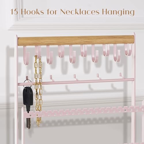 ProCase Jewelry Organizer Stand Necklace Organizer Earring Holder, 6 Tier Jewelry Stand Necklace Holder with 15 Hooks, Jewelry Tower Display Rack Storage Tree for Bracelets Earrings Rings -Pink thumbnail 5