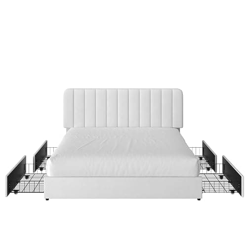 VECELO Queen Size Upholstered Bed Frame with 4 Drawers and Headboard, Velvet Platform Storage Bedframe, Wooden Slats Support, No Box Spring Needed,Snow-White thumbnail 7
