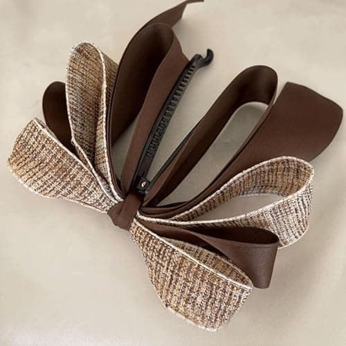 Ribbon Bow Banana Hair Clips for Women Girl，2PCS Vertical Ponytail Claw Clip Korean Style Bowknot Ponytail Claw Large Banana Clip for Thick Hair Accessories (Khaki) thumbnail 6